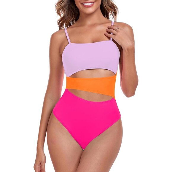 🆕Women Purple Orange Hot Pink Polyamide Geometric Cutout Bandeau One Piece Swim - Picture 3 of 7